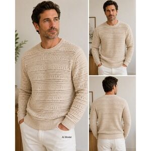 Bugatchi Made in Italy Mens XL Sand Beige Cotton Open Knit Crewneck Sweater